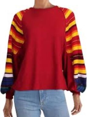 We The Free Rainbow Dreams Striped Textured Knit Sweater XS Ballon Sleeve Red